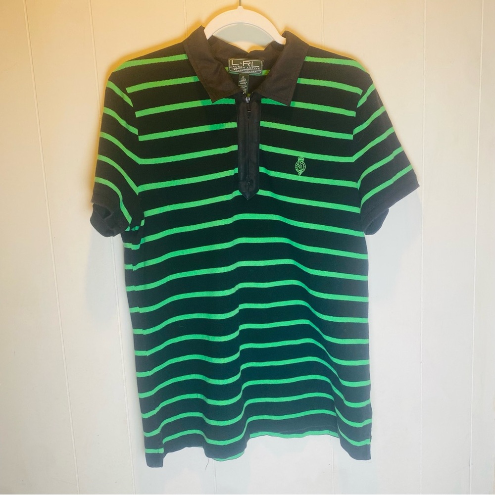 Ralph Lauren L-RL Active 3/4 Zip Collar Green Stripe Cotton Sport Shirt Women XL